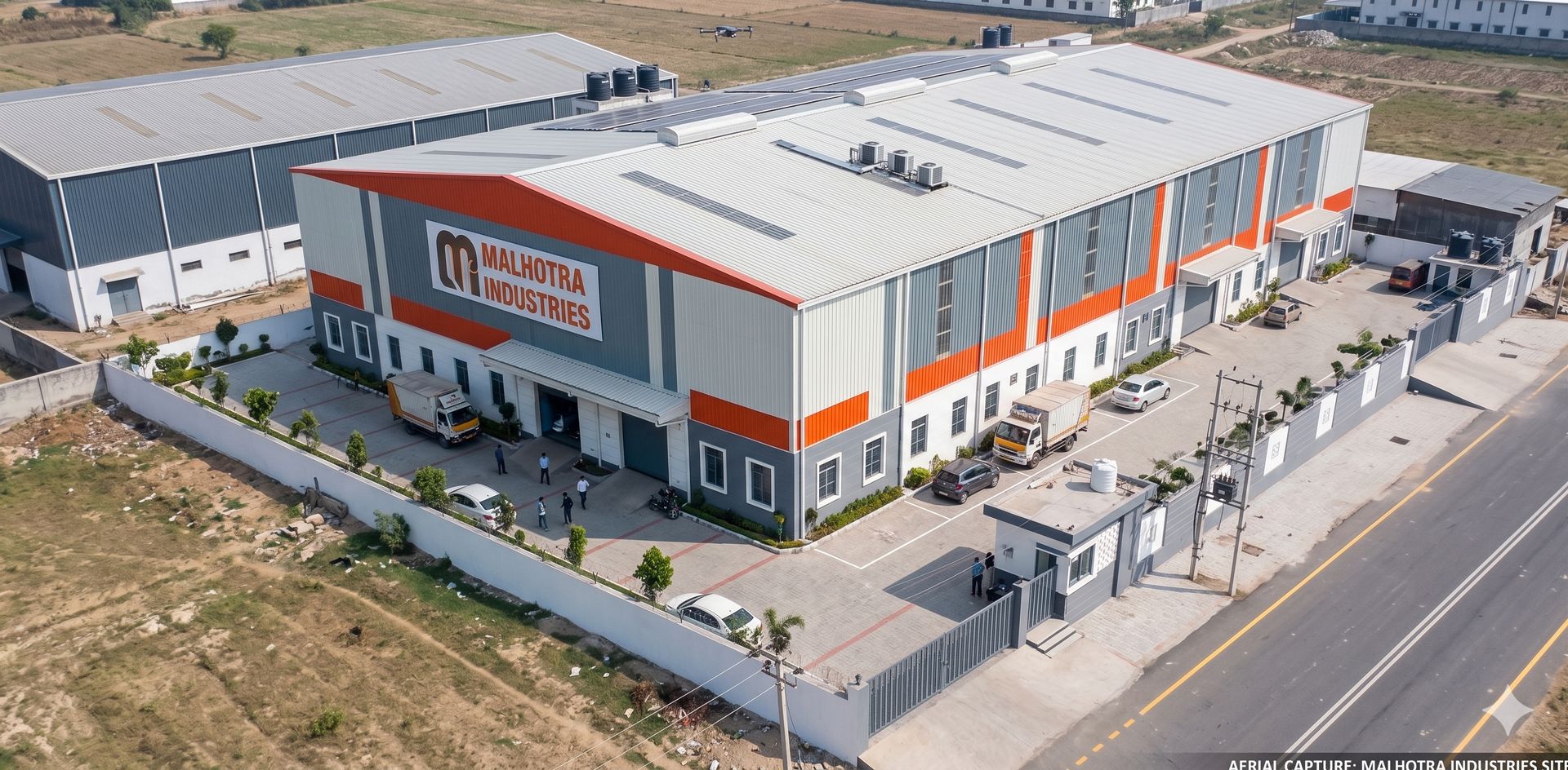 Aerial drone view of the Malhotra Industries manufacturing facility